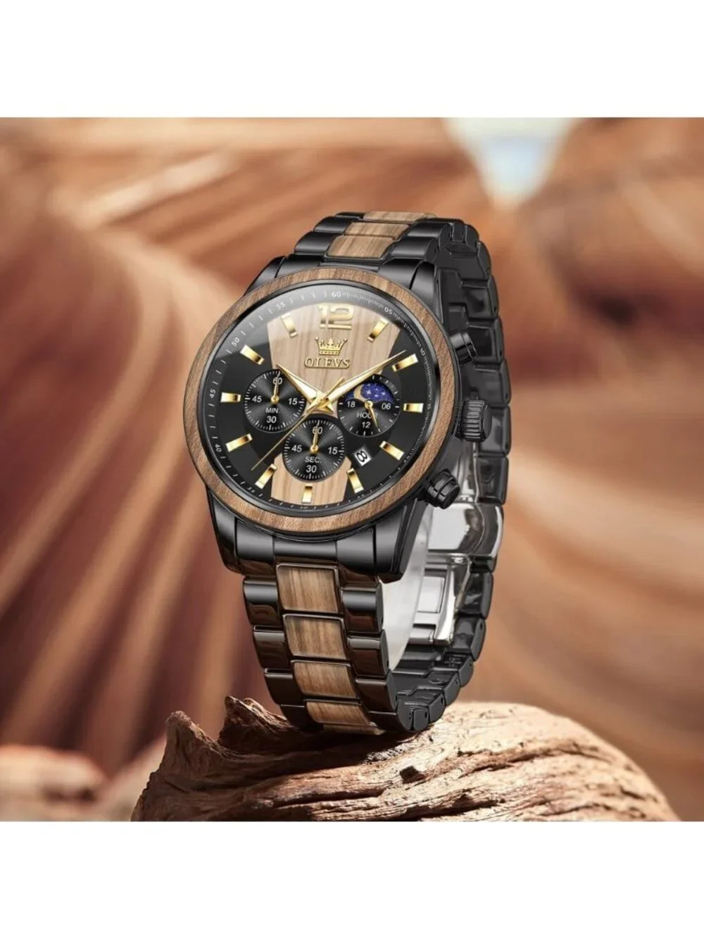 Men's Black Quartz Stainless Steel Waterproof Luminous Date Luxury Wooden Watch